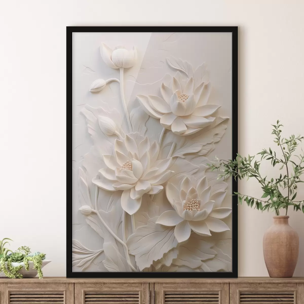 Poster Wit lijstwerk, imitatie, bloemen f43334