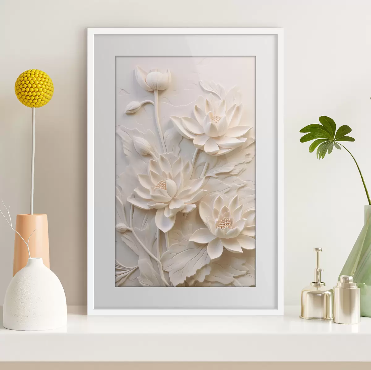 Affiche Moulure blanche, imitation, fleurs f43334