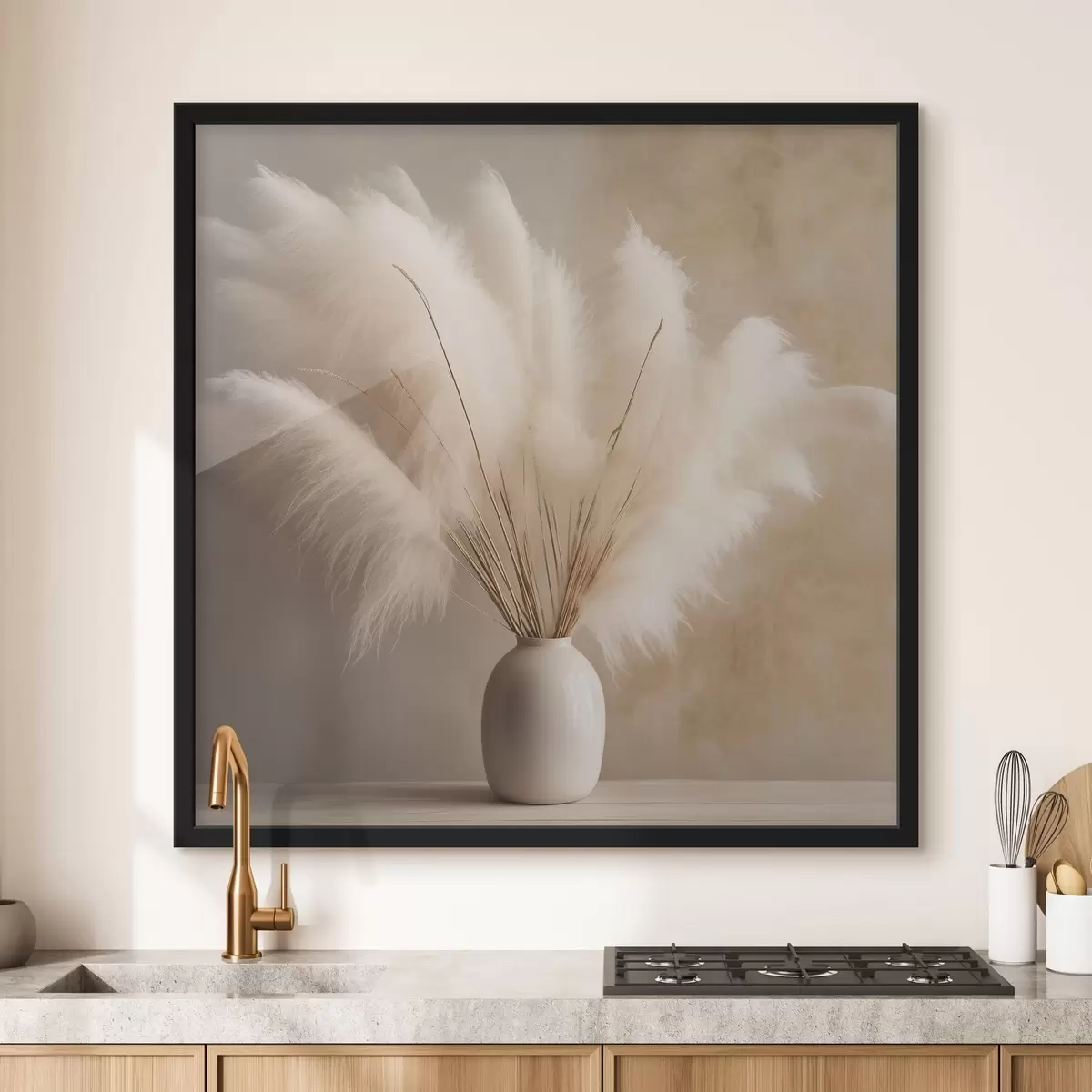 Poster Pluizige takken riet in een vaas op tafel f43338