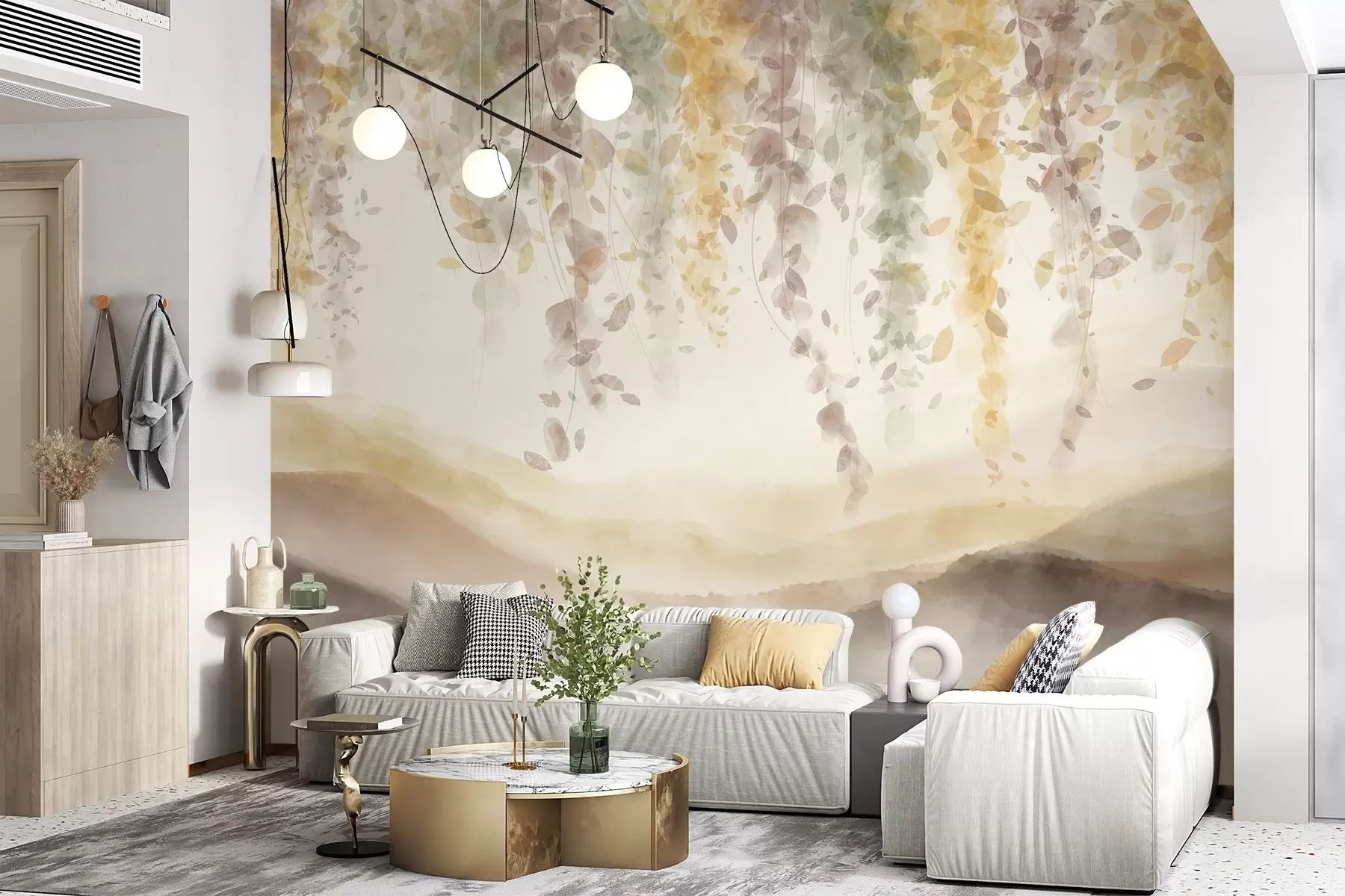 Fotobehang Wisteria bladeren hangend over gebladerde bergen, zachte pastel gele en bruine kleuren, aquarel stijl landschap w08909v1