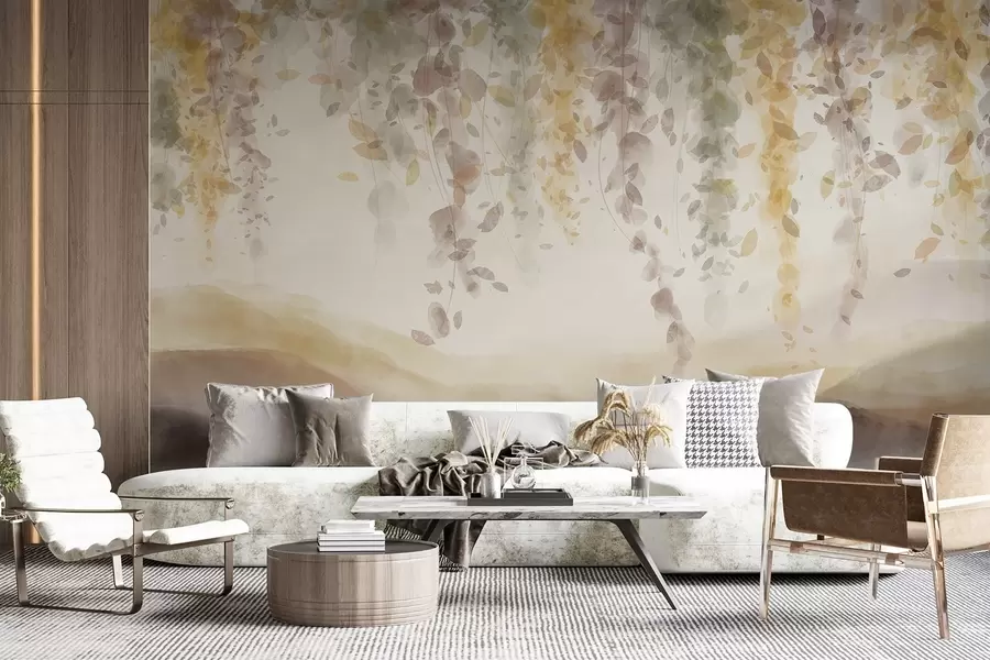 Fotobehang Wisteria bladeren hangend over gebladerde bergen, zachte pastel gele en bruine kleuren, aquarel stijl landschap w08909v1