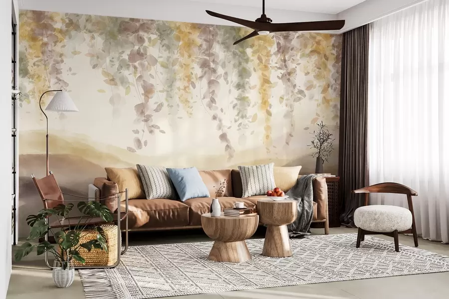 Fotobehang Wisteria bladeren hangend over gebladerde bergen, zachte pastel gele en bruine kleuren, aquarel stijl landschap w08909v1