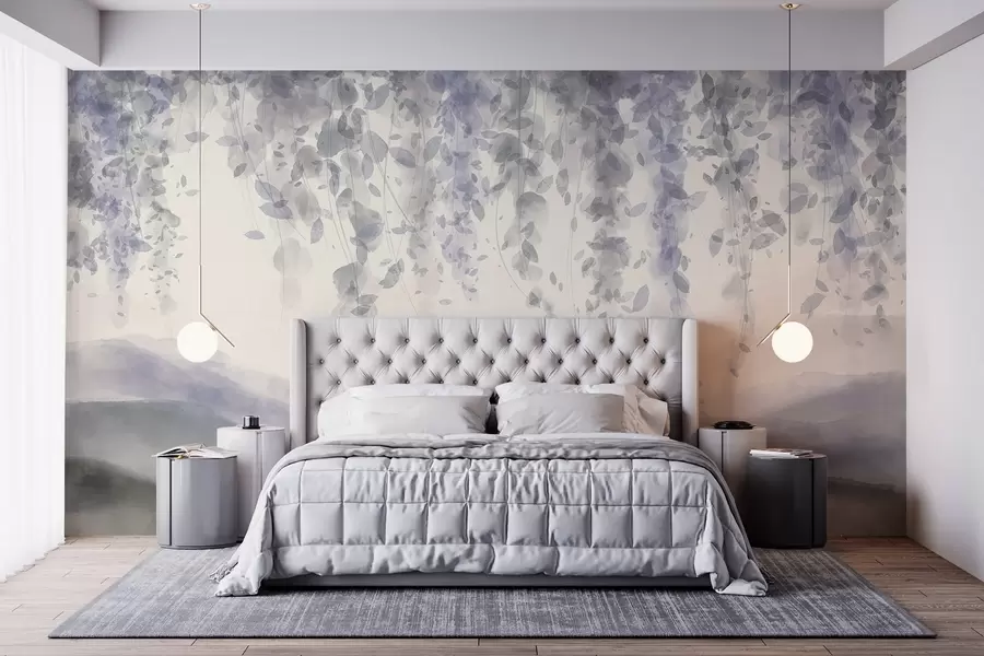 Papier peint photo Feuilles de glycine suspendues au-dessus de montagnes bleues, couleurs douces bleu pastel et gris, paysage de style aquarelle w08909