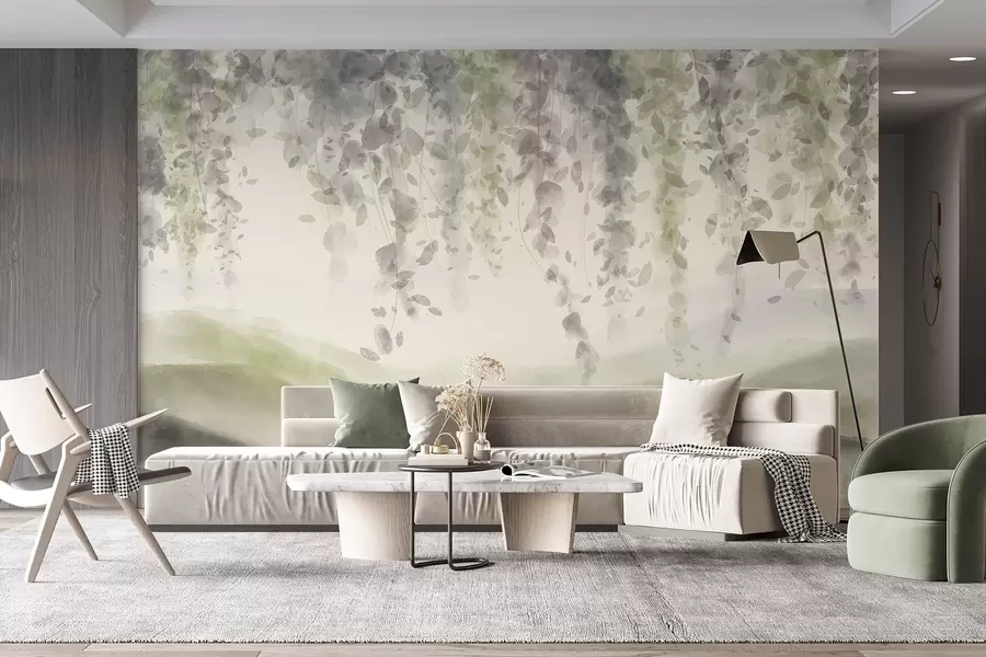 Fotobehang Wisteria bladeren hangend over bergen, zachte pastel groene en beige kleuren, aquarel stijl landschap w08909v2