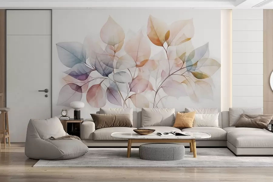 Fotobehang Aquarelverfschilderij van doorschijnende bladeren in pastelkleuren, met tinten roze, wit, paars en blauw w08910