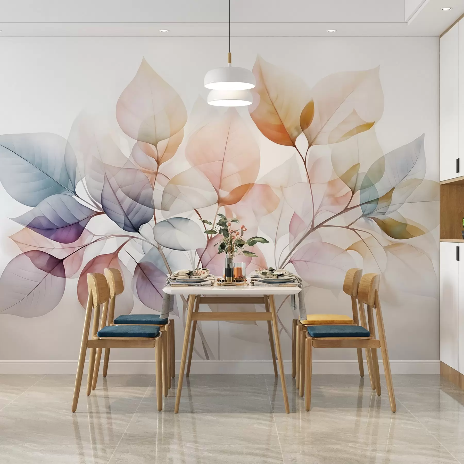 Fotobehang Aquarelverfschilderij van doorschijnende bladeren in pastelkleuren, met tinten roze, wit, paars en blauw w08910