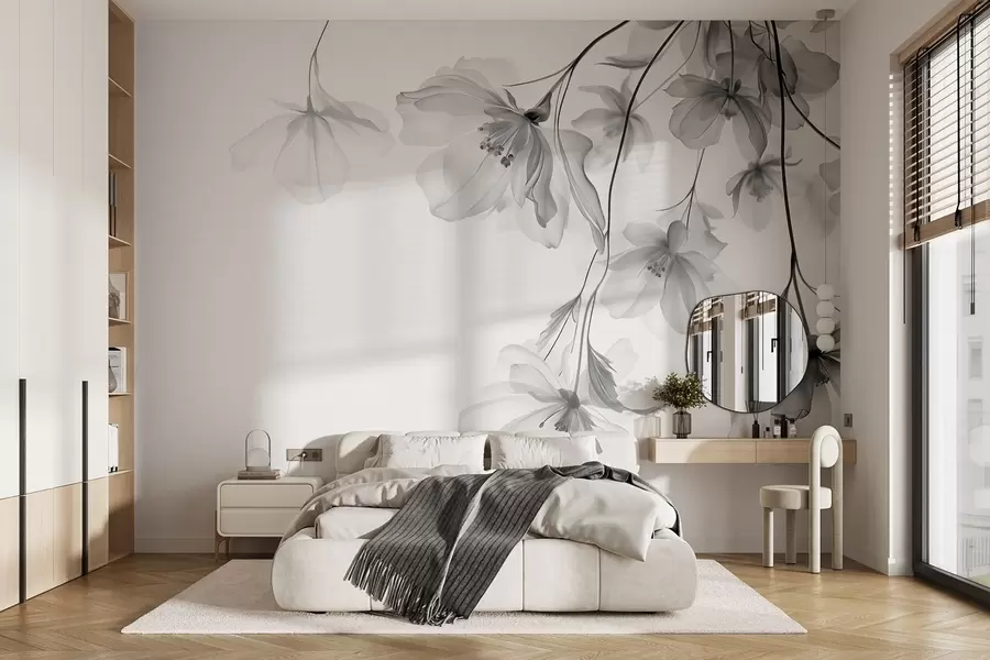 Papier peint photo Fleurs noires aux pétales translucides suspendues à une branche, noir et blanc, composition d'art moderne minimaliste w08911