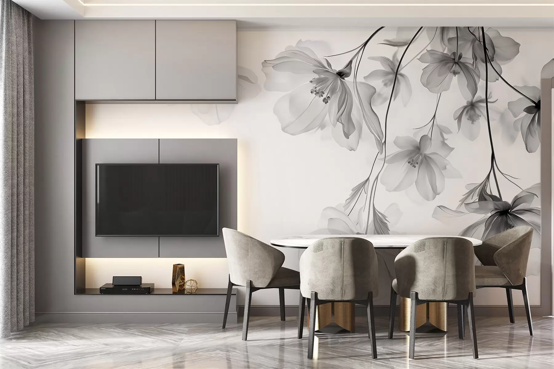 Papier peint photo Fleurs noires aux pétales translucides suspendues à une branche, noir et blanc, composition d'art moderne minimaliste w08911