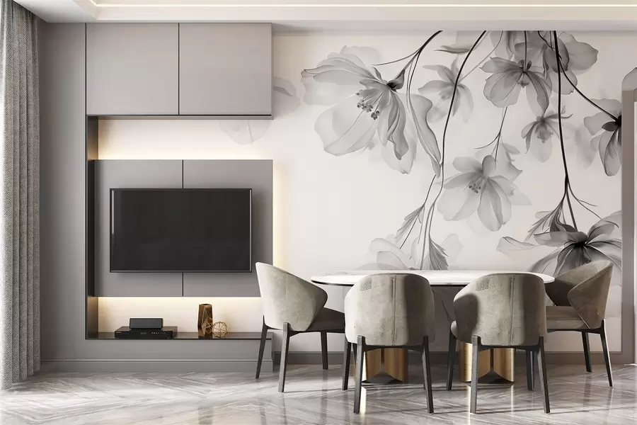 Fotobehang Zwarte bloemen met doorschijnende bloemblaadjes hangend aan een tak, zwart-wit, minimalistische moderne kunstcompositie w08911