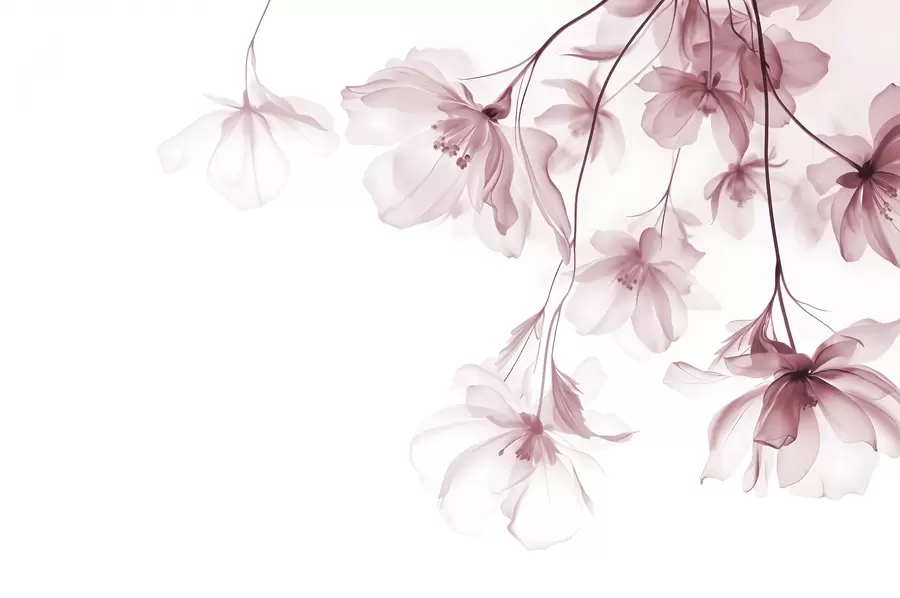 Fotobehang Roze bloemen met doorschijnende bloemblaadjes hangend aan een tak, roze en wit, minimalistische moderne kunst compositie w08911v2