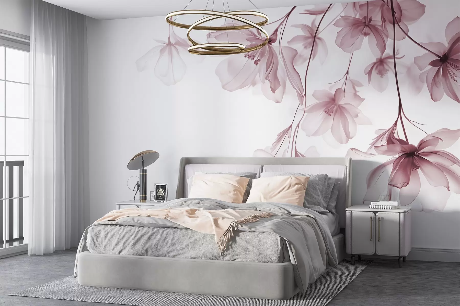 Fotobehang Roze bloemen met doorschijnende bloemblaadjes hangend aan een tak, roze en wit, minimalistische moderne kunst compositie w08911v2
