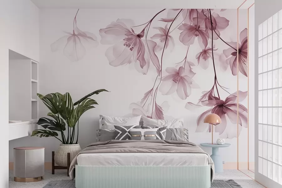 Fotobehang Roze bloemen met doorschijnende bloemblaadjes hangend aan een tak, roze en wit, minimalistische moderne kunst compositie w08911v2