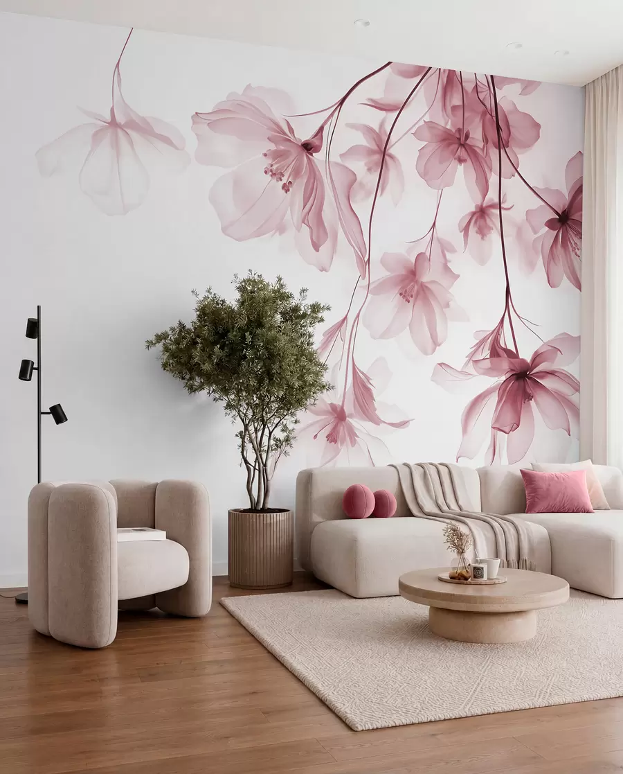 Fotobehang Roze bloemen met doorschijnende bloemblaadjes hangend aan een tak, roze en wit, minimalistische moderne kunst compositie w08911v2