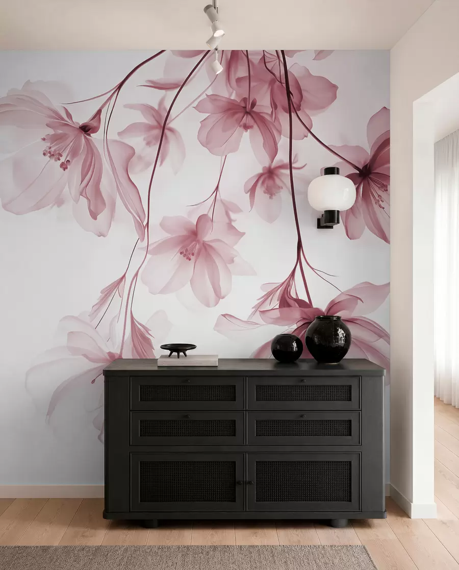 Fotobehang Roze bloemen met doorschijnende bloemblaadjes hangend aan een tak, roze en wit, minimalistische moderne kunst compositie w08911v2