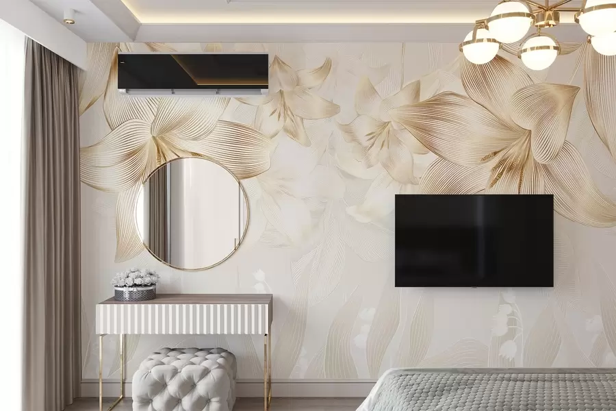 Fotobehang Gele lelies met ingewikkelde lijndetails, elegant bloemstuk, neutraal kleurenpalet w08912