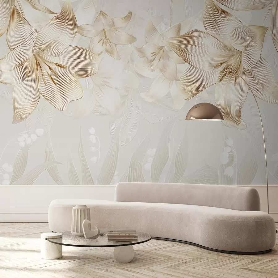 Fotobehang Gele lelies met ingewikkelde lijndetails, elegant bloemstuk, neutraal kleurenpalet w08912