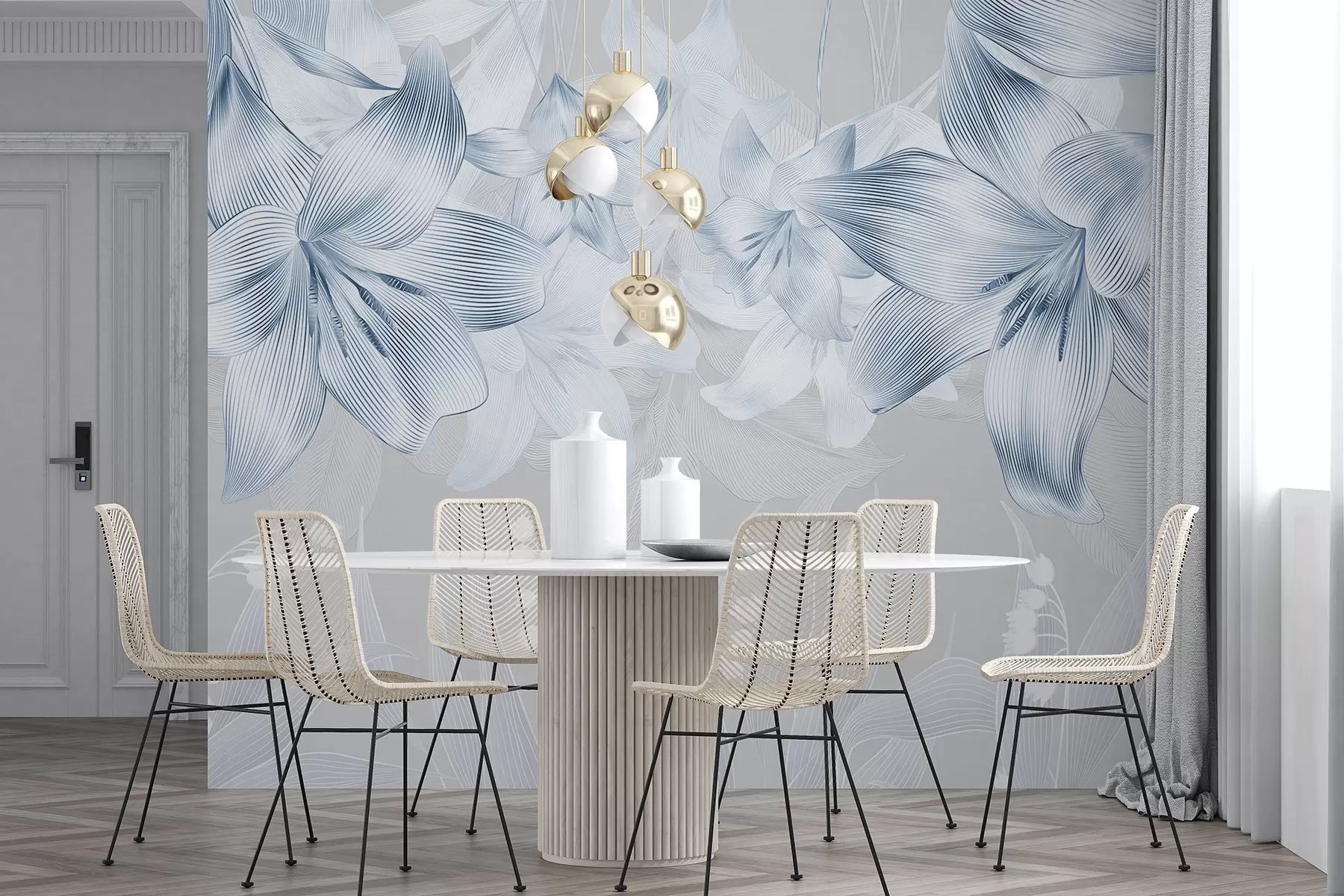 Fotobehang Blauwe lelies met ingewikkelde lijndetails, elegant bloemstuk, neutraal kleurenpalet w08912v1