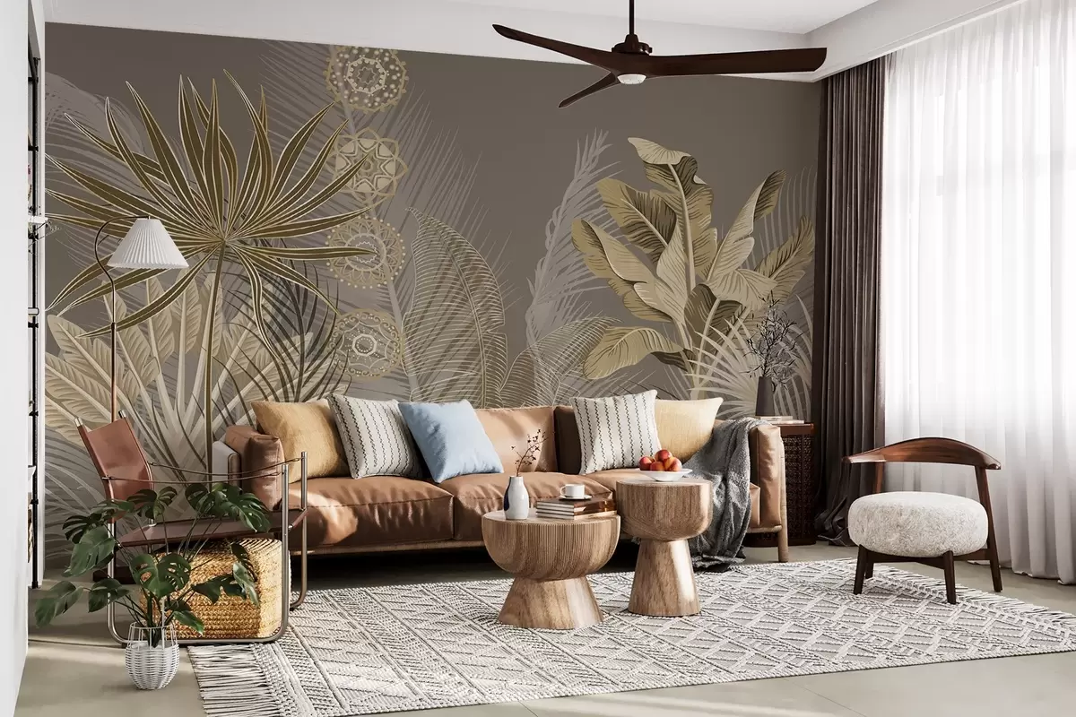 Fotobehang Tropische bladeren in beige en bruine tinten, palmbladeren, bananenbladeren en mandala ornamenten, donkere achtergrond w08913v1