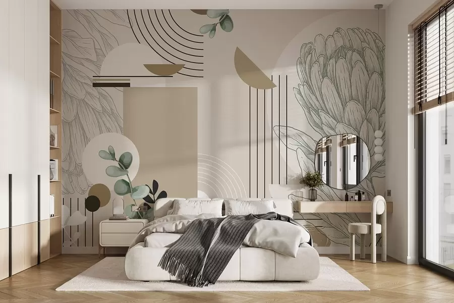 Fotobehang Abstracte botanische print met proteabloem, eucalyptusbladeren, geometrische vormen in een minimalistische stijl, pastelkleuren w08914