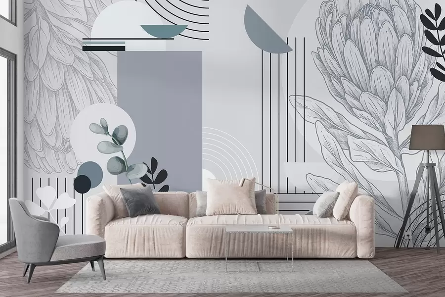 Fotobehang Abstracte botanische print met proteabloem, eucalyptusbladeren, geometrische vormen in een minimalistische stijl, pastelkleuren w08914v1