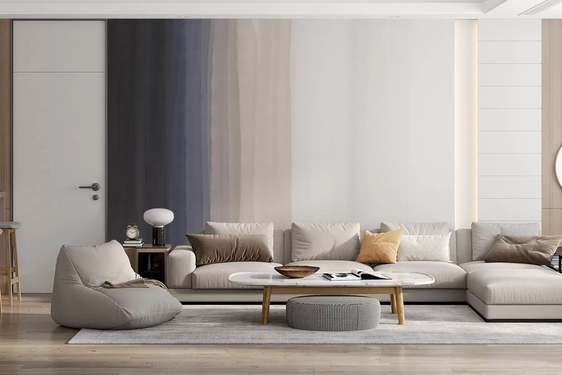 Fotobehang Abstracte minimalistische gradiëntprint met verticale strepen van donkerblauw, licht perzik en wit w08915v1