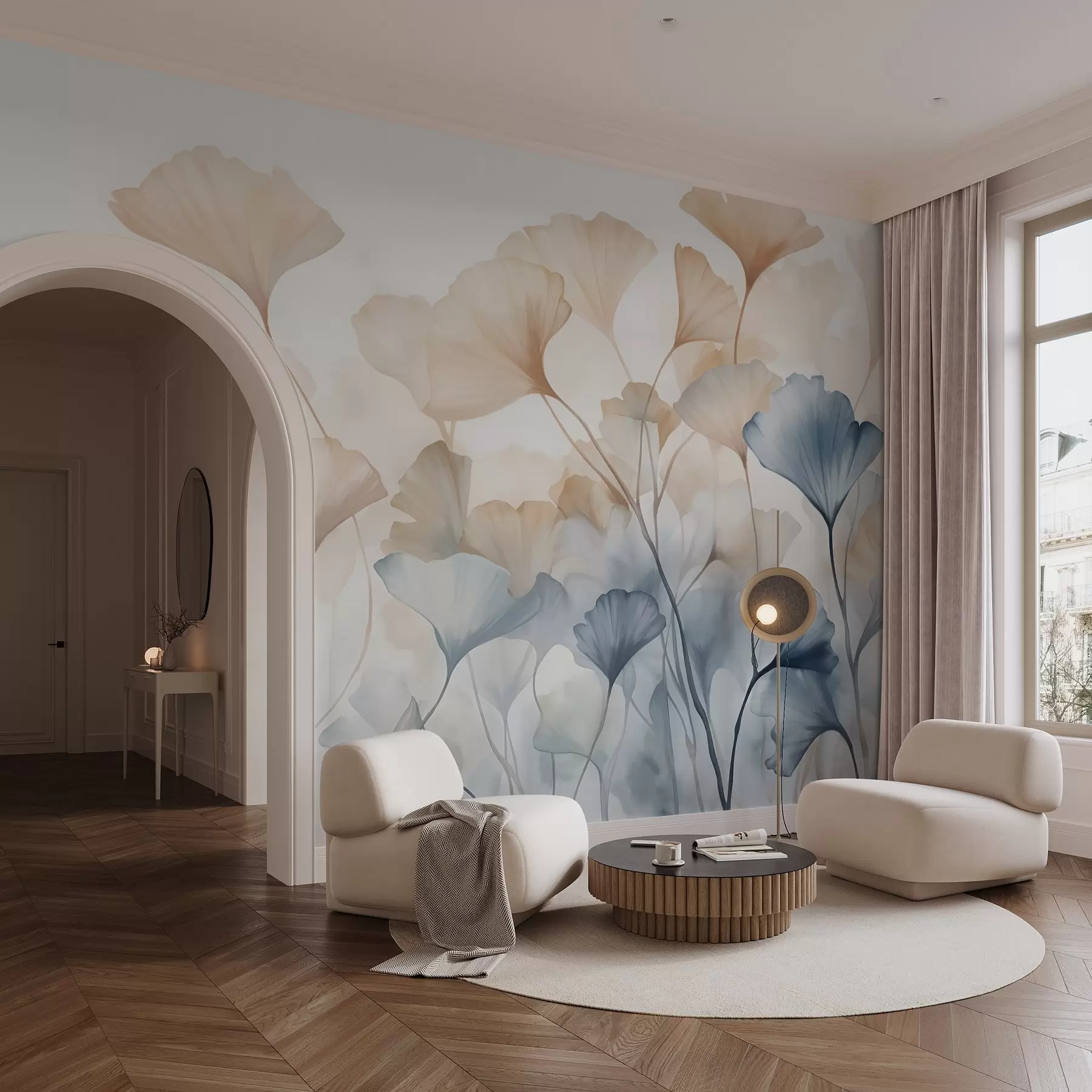  Schilderijen Ginkgobladeren in blauwe en oranje waterverf, doorschijnende bloemblaadjes, tere stelen, zacht kleurenpalet w08917