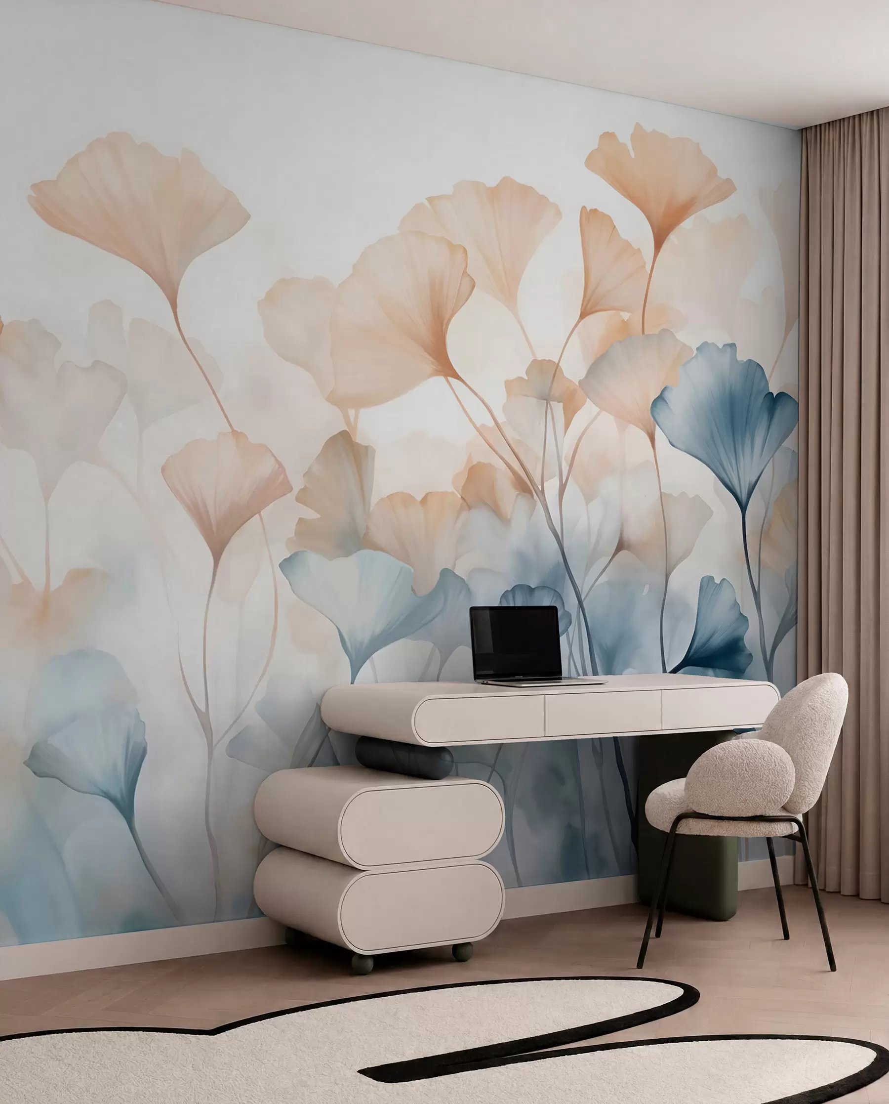 Fotobehang Ginkgobladeren in blauwe en oranje waterverf, doorschijnende bloemblaadjes, tere stelen, zacht kleurenpalet w08917