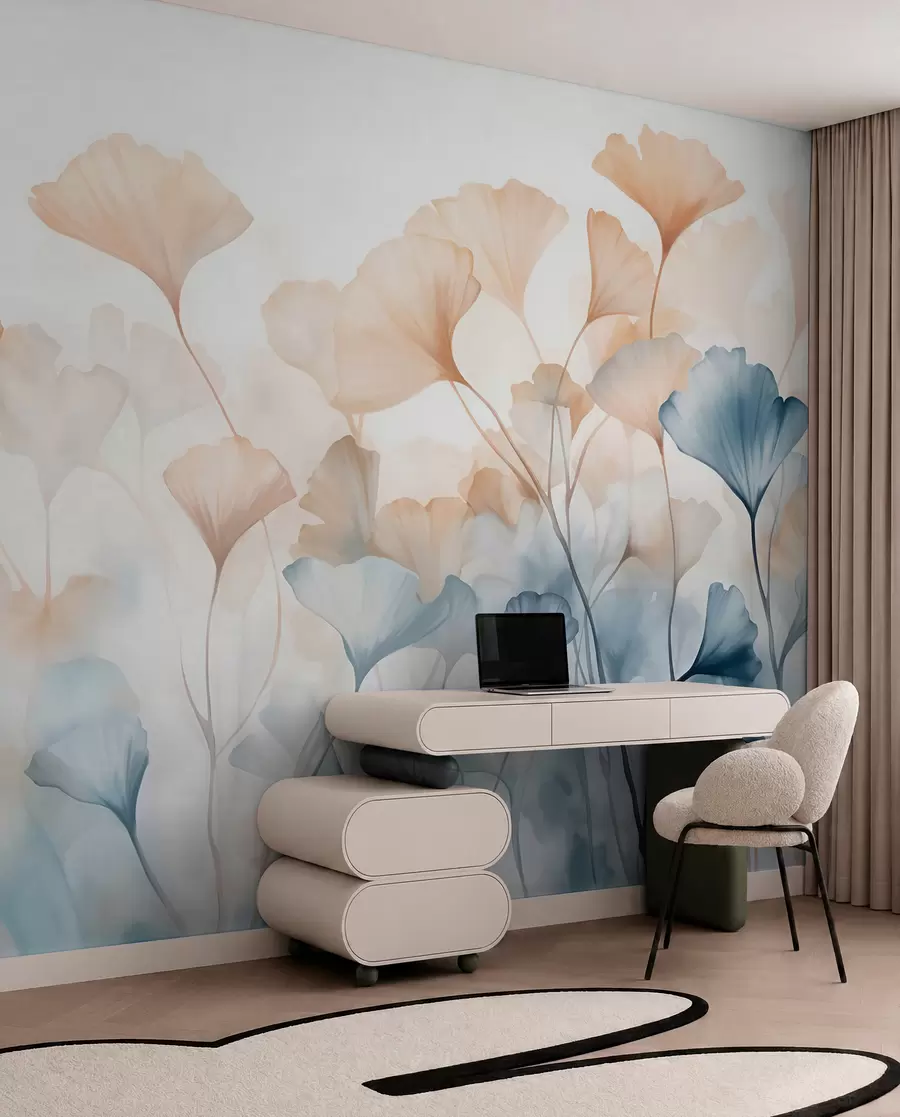 Fotobehang Ginkgobladeren in blauwe en oranje waterverf, doorschijnende bloemblaadjes, tere stelen, zacht kleurenpalet w08917