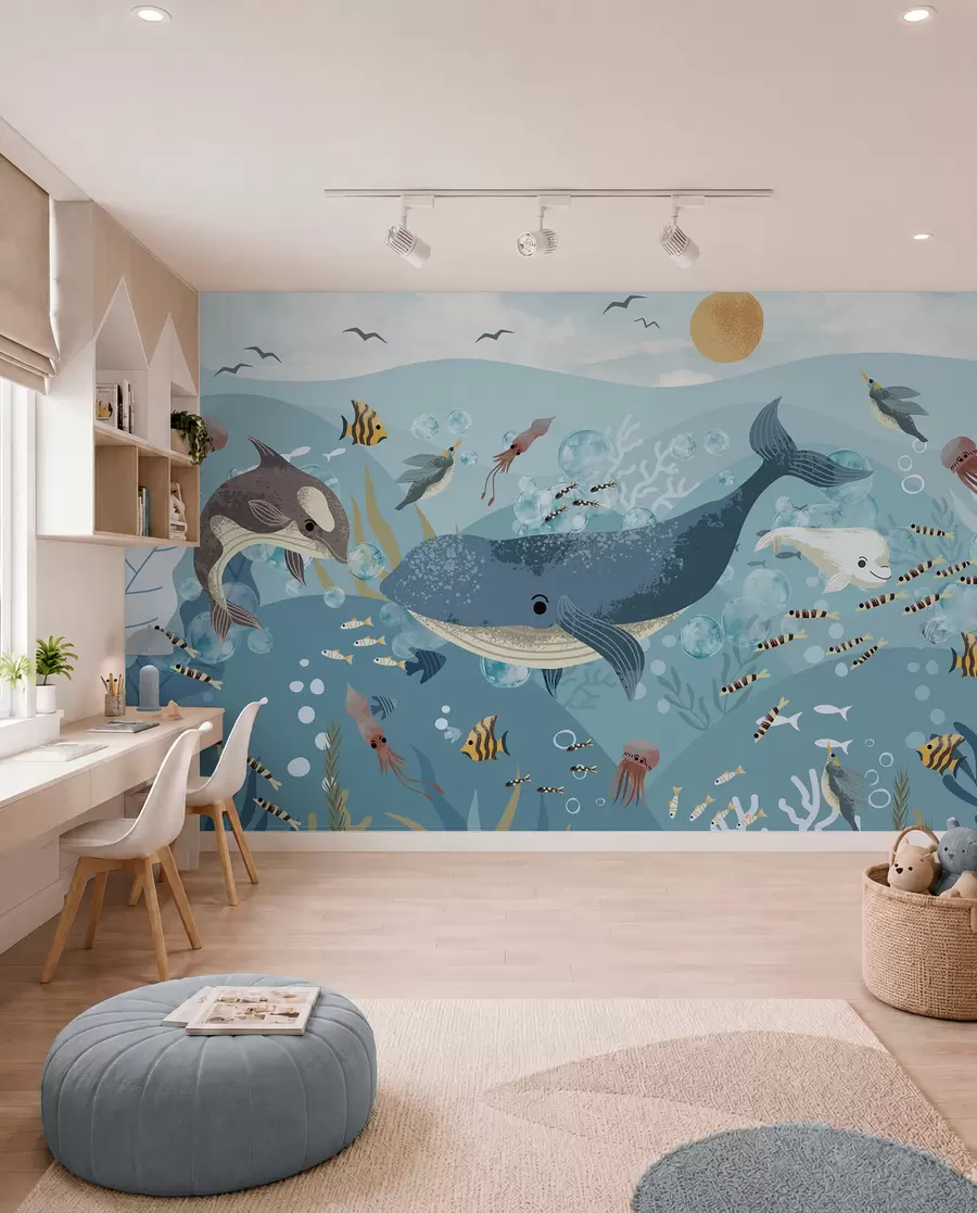 Fotobehang Blauwe walvis onder de golven w08921
