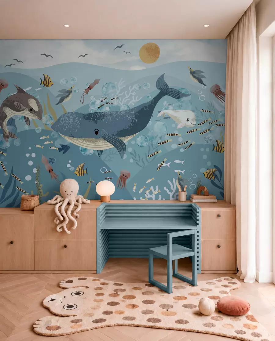 Fotobehang Blauwe walvis onder de golven w08921