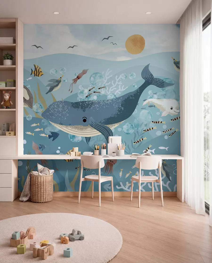 Fotobehang Blauwe walvis onder de golven w08921