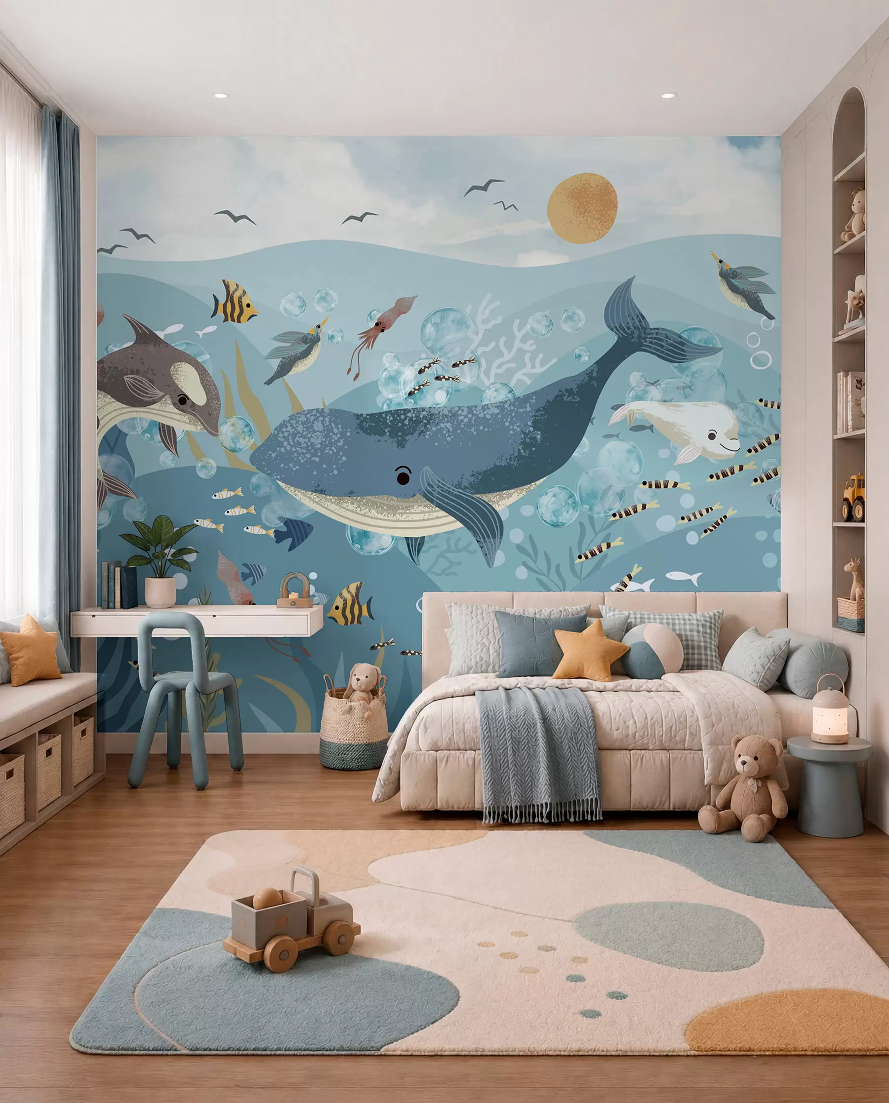 Fotobehang Blauwe walvis onder de golven w08921