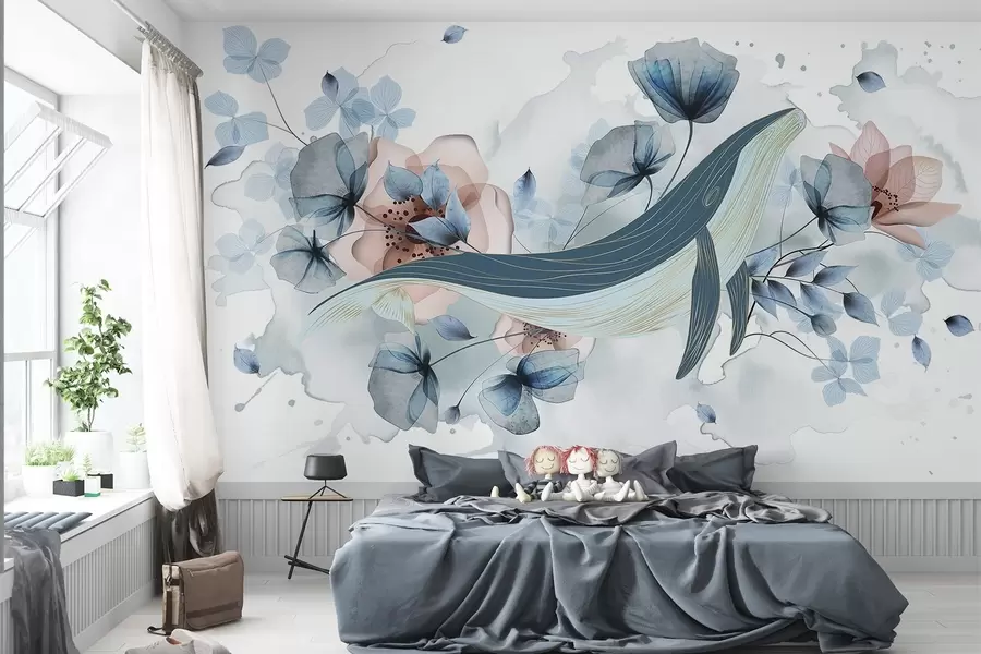 Fotobehang Een blauwe walvis met bloemen, aquarel stijl, lichtblauwe en roze kleuren, lichte achtergrond w08922