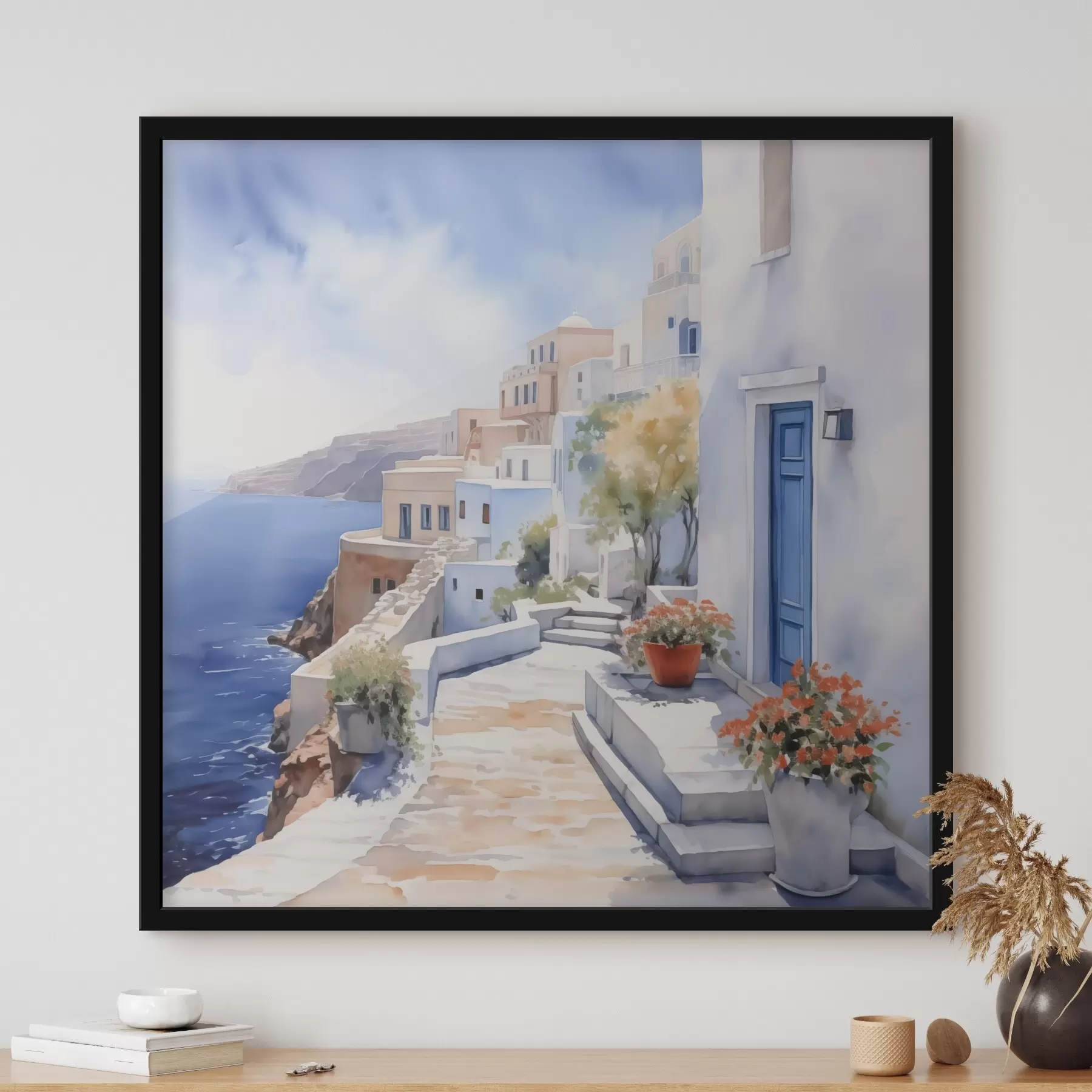 Fotobehang Huizen aan zee imitatie van aquarel f43346