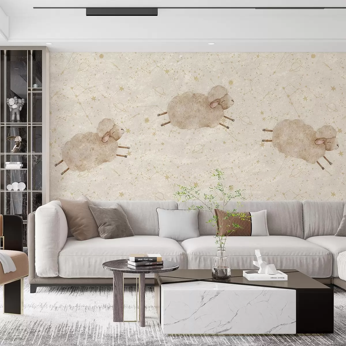 Fotobehang Springende schapen op een sterrenachtergrond w08930