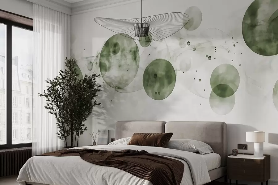Papier peint photo Cercles de style aquarelle, abstraction, éthéré, art fluide, couleurs vertes w03405v1