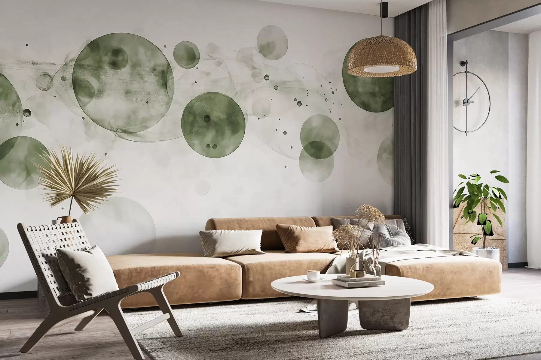 Fotobehang Cirkels in aquarelstijl, abstractie, etherisch, vloeiende kunst, groene kleuren w03405v1