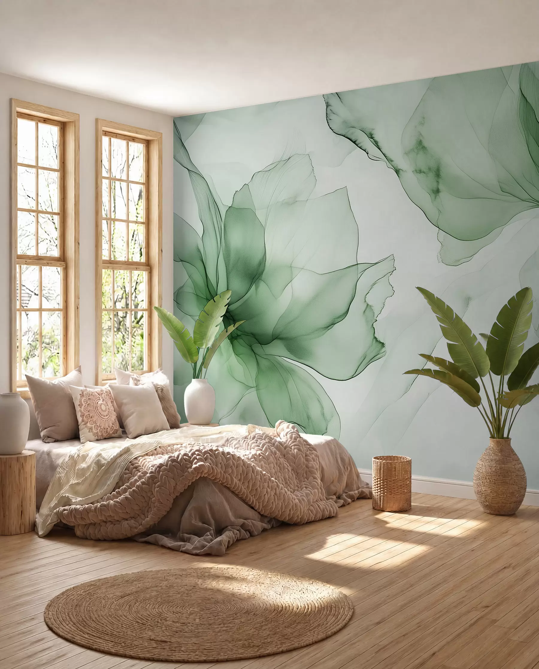Fotobehang Bloemen in vloeiende stijl, bloemenabstractie, aquarel, groen kleurenpalet w03406