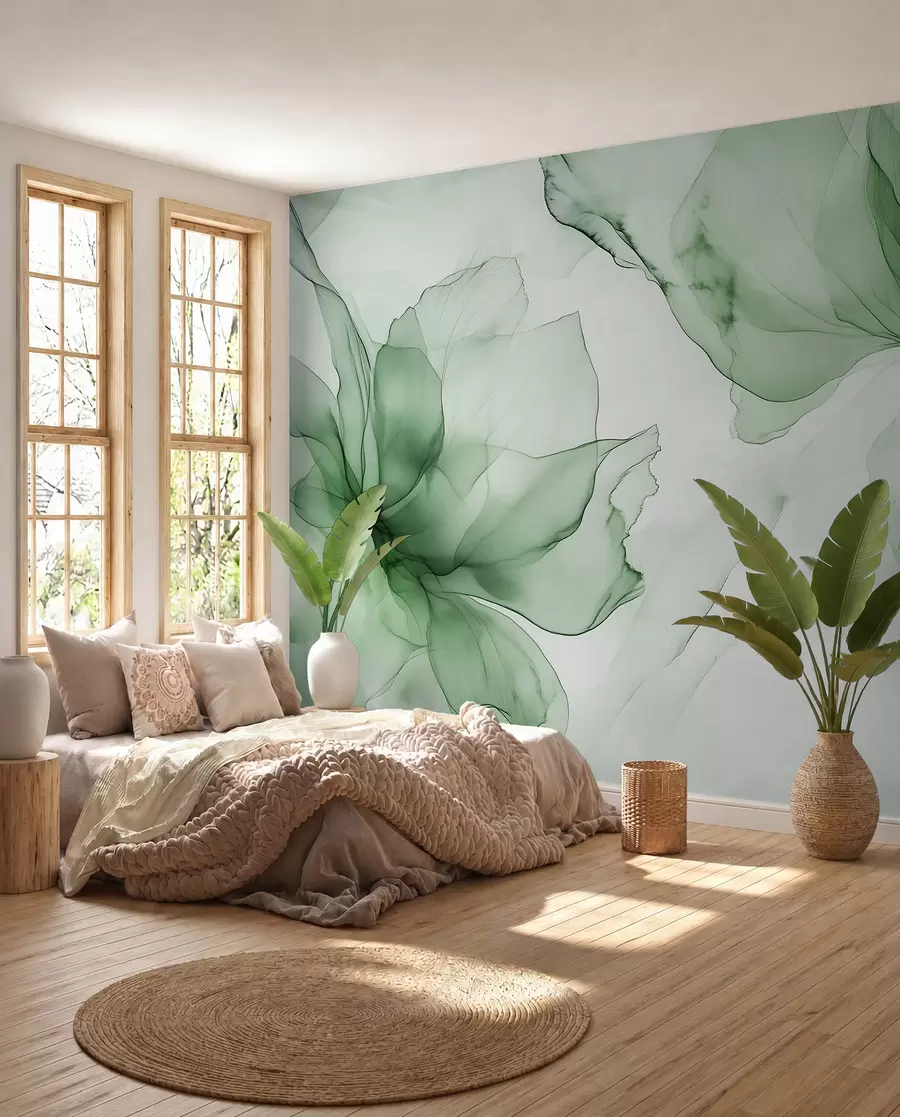 Papier peint photo Fleurs de style fluide, abstraction florale, aquarelle, palette de couleurs vertes w03406