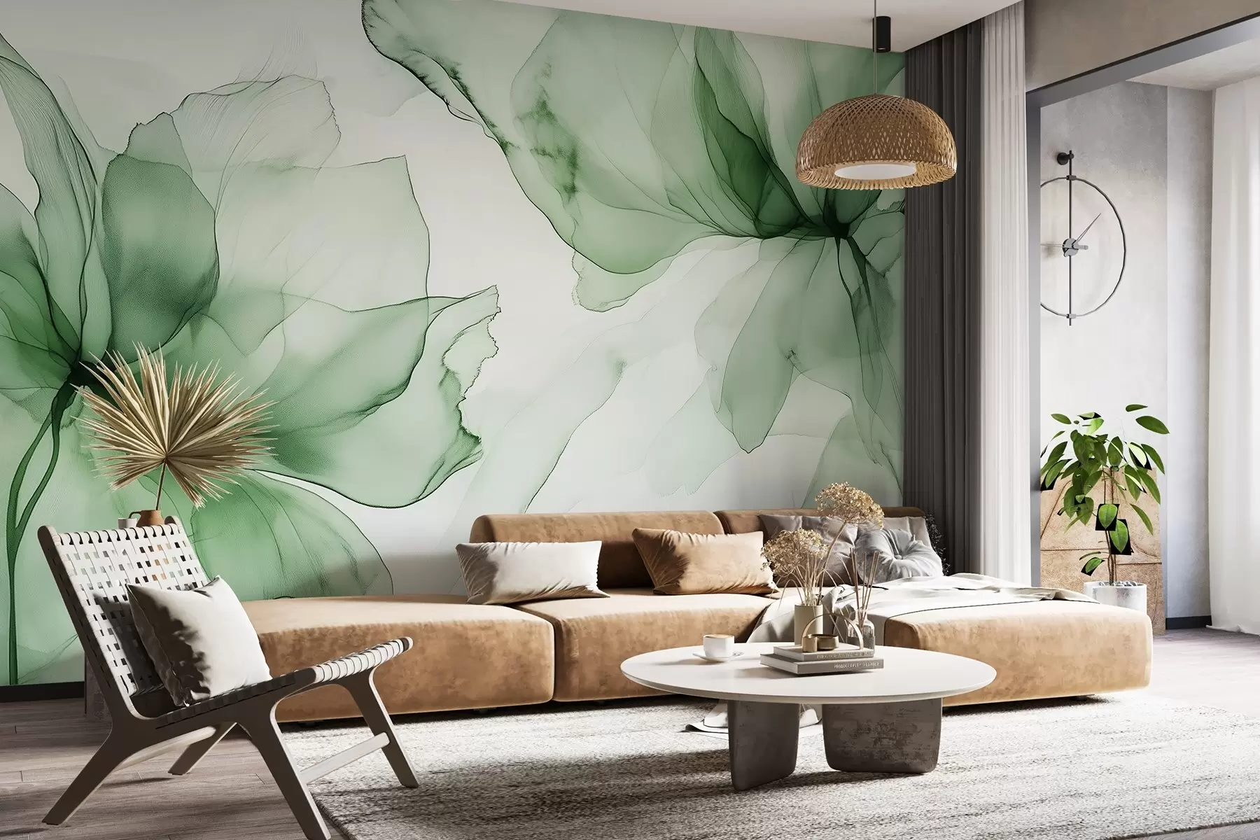 Fotobehang Bloemen in vloeiende stijl, bloemenabstractie, aquarel, groen kleurenpalet w03406