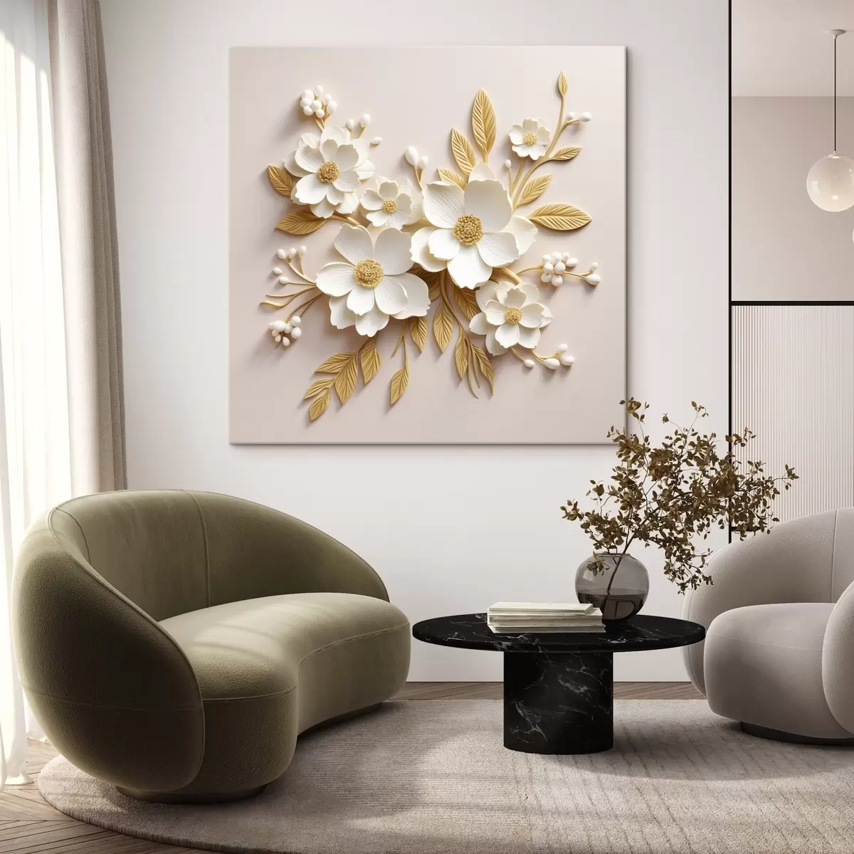  Peintures fleurs blanches en 3D avec des feuilles sur un fond crème s43383