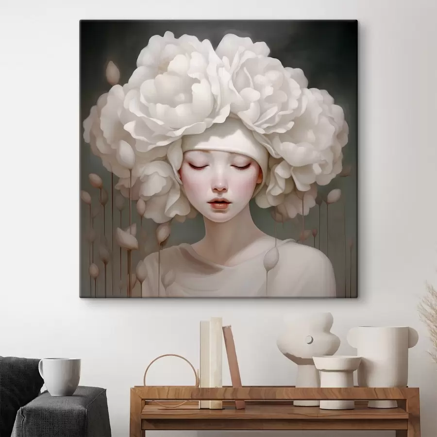  Peintures Fille avec des fleurs sur la tête dans des tons doux s43385