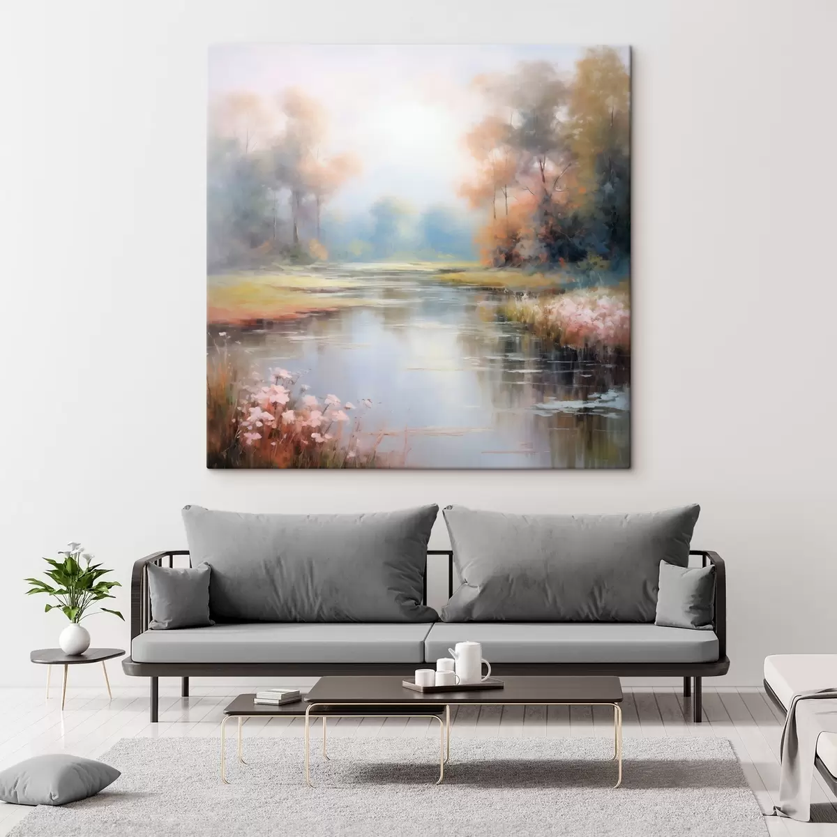  Peintures Forêt naturelle avec une rivière, des fleurs et des arbres s43386