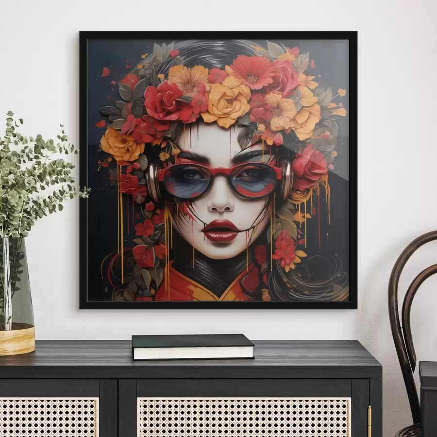 Fotobehang Vrouw met bloemen op haar hoofd, street art stijl f43362