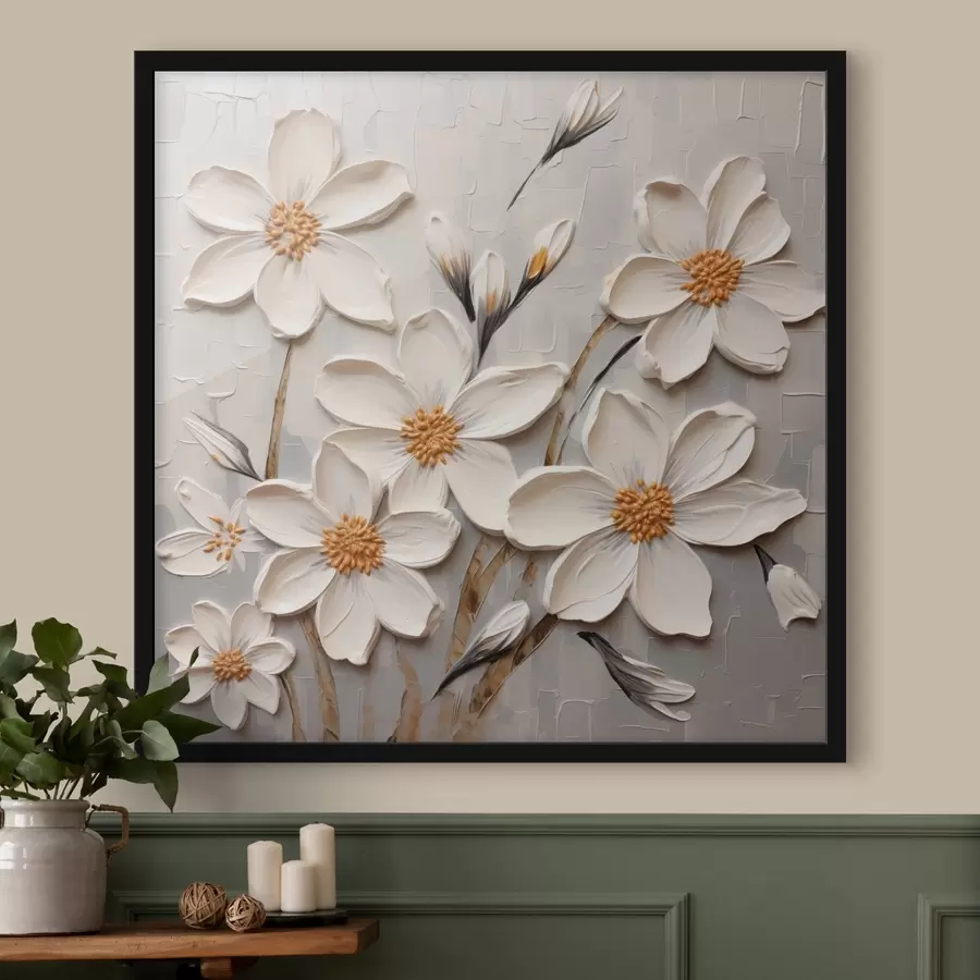Papier peint photo Fleurs blanches volumineuses dans un style de peinture avec de larges coups de pinceau f43366