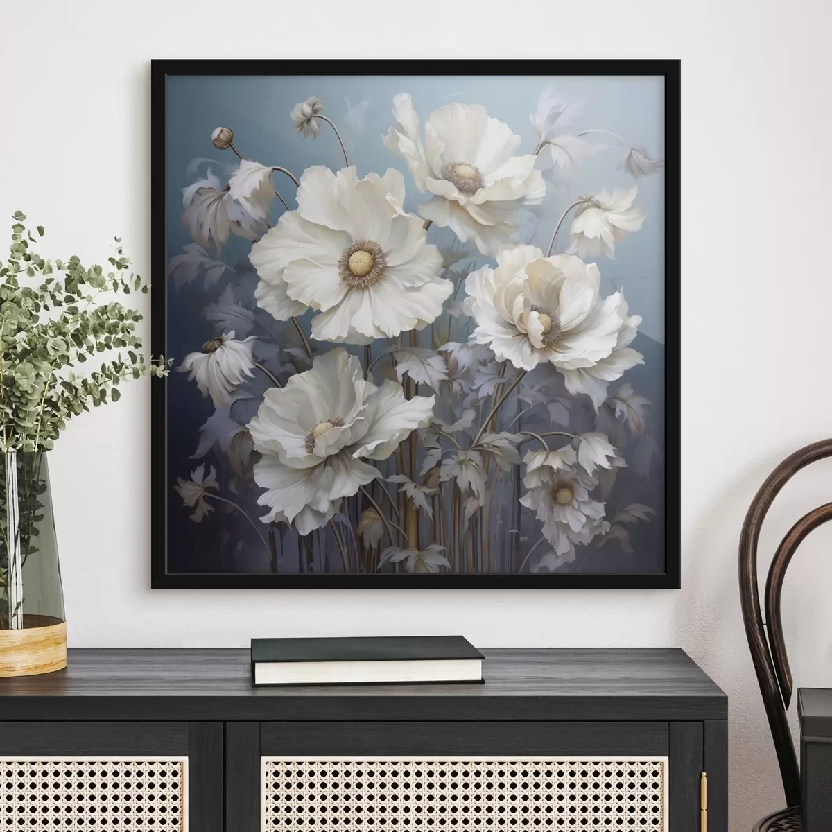 Poster Wit boeket pioenrozen op een blauwe achtergrond in schilderstijl f43370