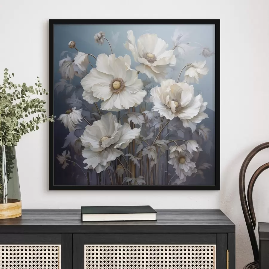 Fotobehang Wit boeket pioenrozen op een blauwe achtergrond in schilderstijl f43370