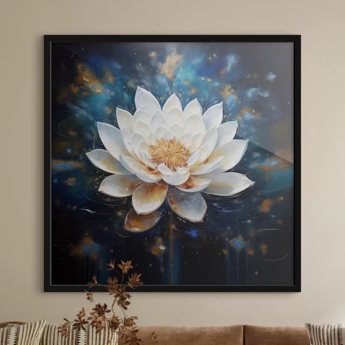 Affiche Lotus blanc sur fond bleu dans le style de la peinture f43371