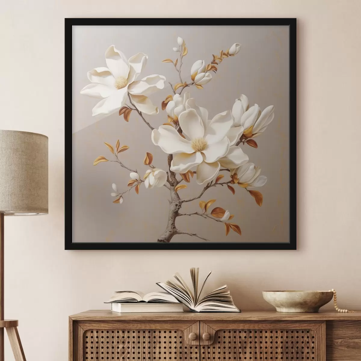 Affiche Branche de magnolia gracieuse dans les tons beiges f43373