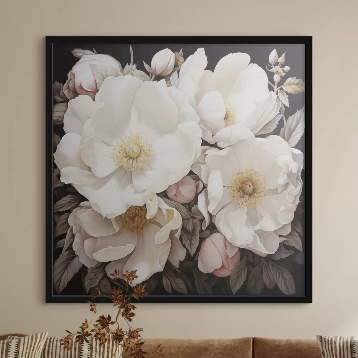 Poster Witte pioen bloemen op een donkere achtergrond in acryl schilderij stijl f43379